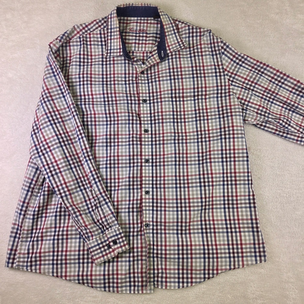 Tasso Elba Mens XXL Plaid Long Sleeve Button Down Cotton Shirt Red Navy 3645
